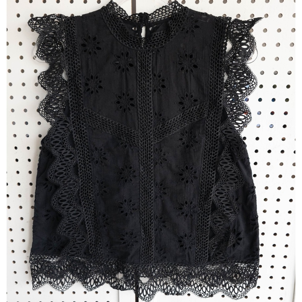 Entro Black Eyelet Lace Crochet Ruffle Sleeveless Mock Neck Top Women SIZE M